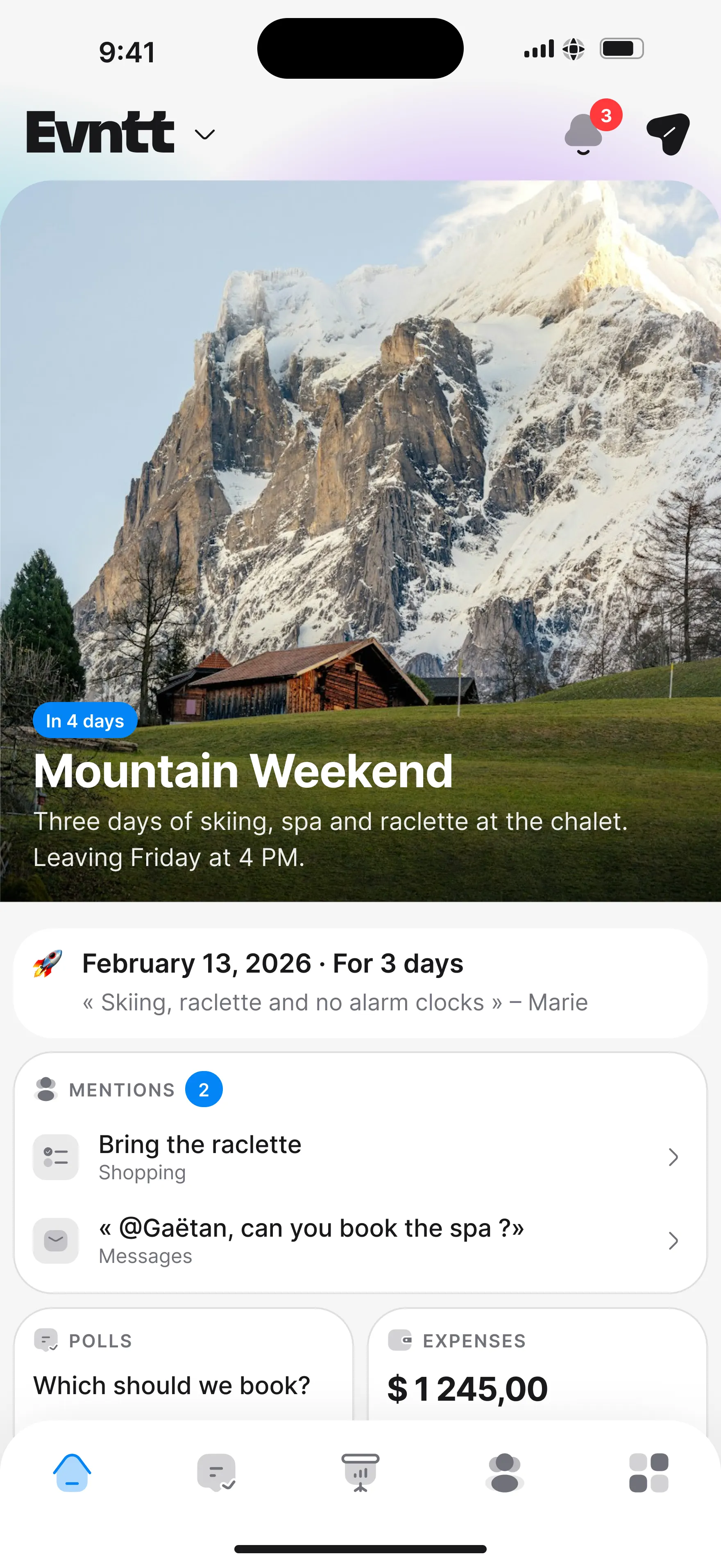The home screen of an event in Evntt